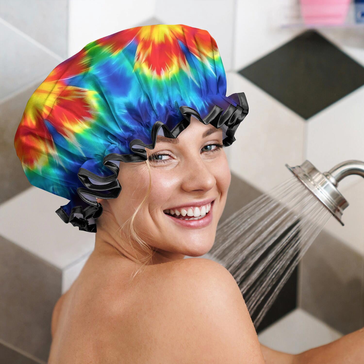 Shower Caps,Colorful Tie Dye Flowe Waterproof Shower Cap for Women 4 Pieces,Double Reusable Hair Cover for Shower PEVA Elastic Stretch Hem