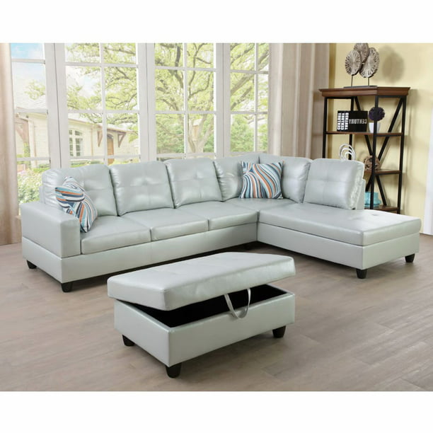 Ainehome Modern Sectional Sofa Set 3pc, Green Leather Sectional With Chaise
