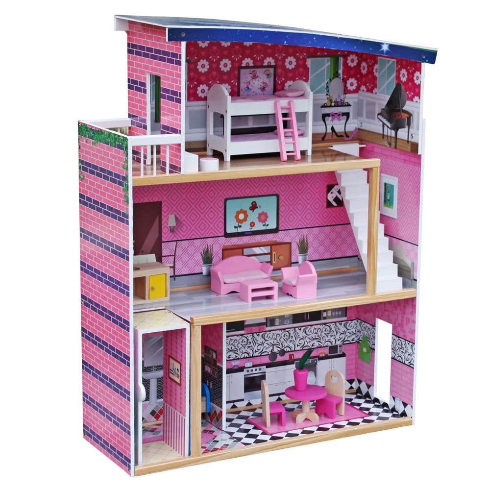 Kids Toys Dollhouse, Toy Family House with 18 pcs Furniture, Play