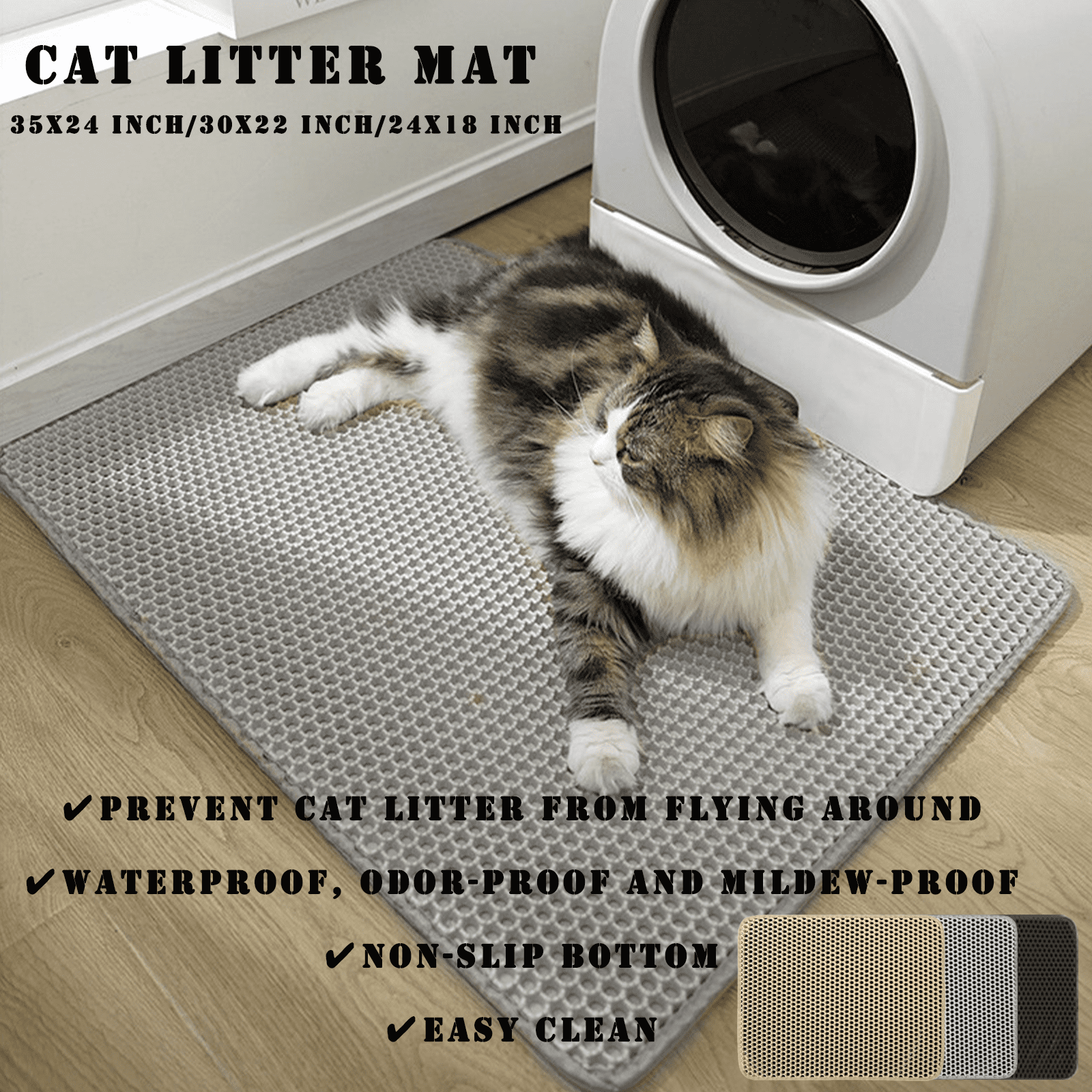 HCY&WLD Cat Litter Mat, Waterproof Double Layer Honeycomb Litter Trapping Mats, Easy to Clean, Less Waste (24"x18", Black)
