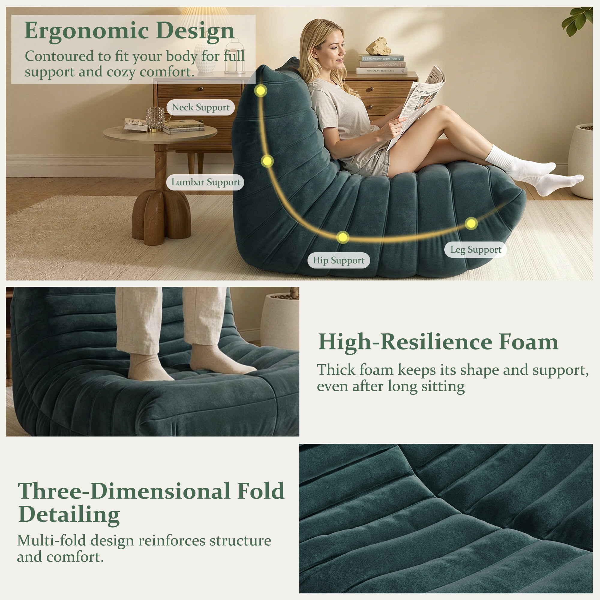 LineCrispton Memory Foam Bean Bag Chair for Adults, Luxury Fabric Compressed Sofa in a Box, Dark Green, Single