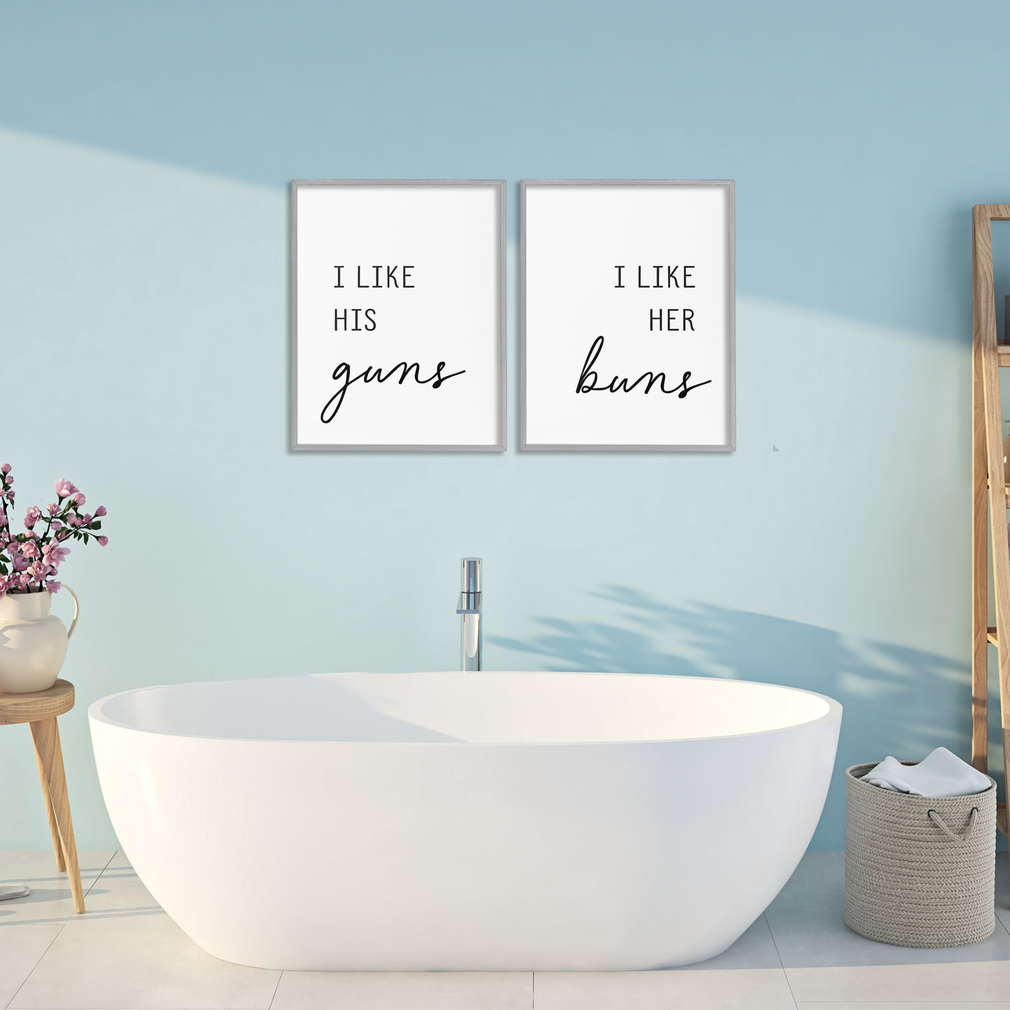 Like His Guns & Her Buns 2 Piece Gray Framed Giclee Art Set, design by Lettered and Lined