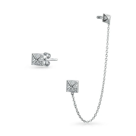 Geometric Square Pyramid Chain Cartilage Ear Cuff Wrap Earring Pave CZ Stud Helix Earring Stud Set 925 Sterling Silver