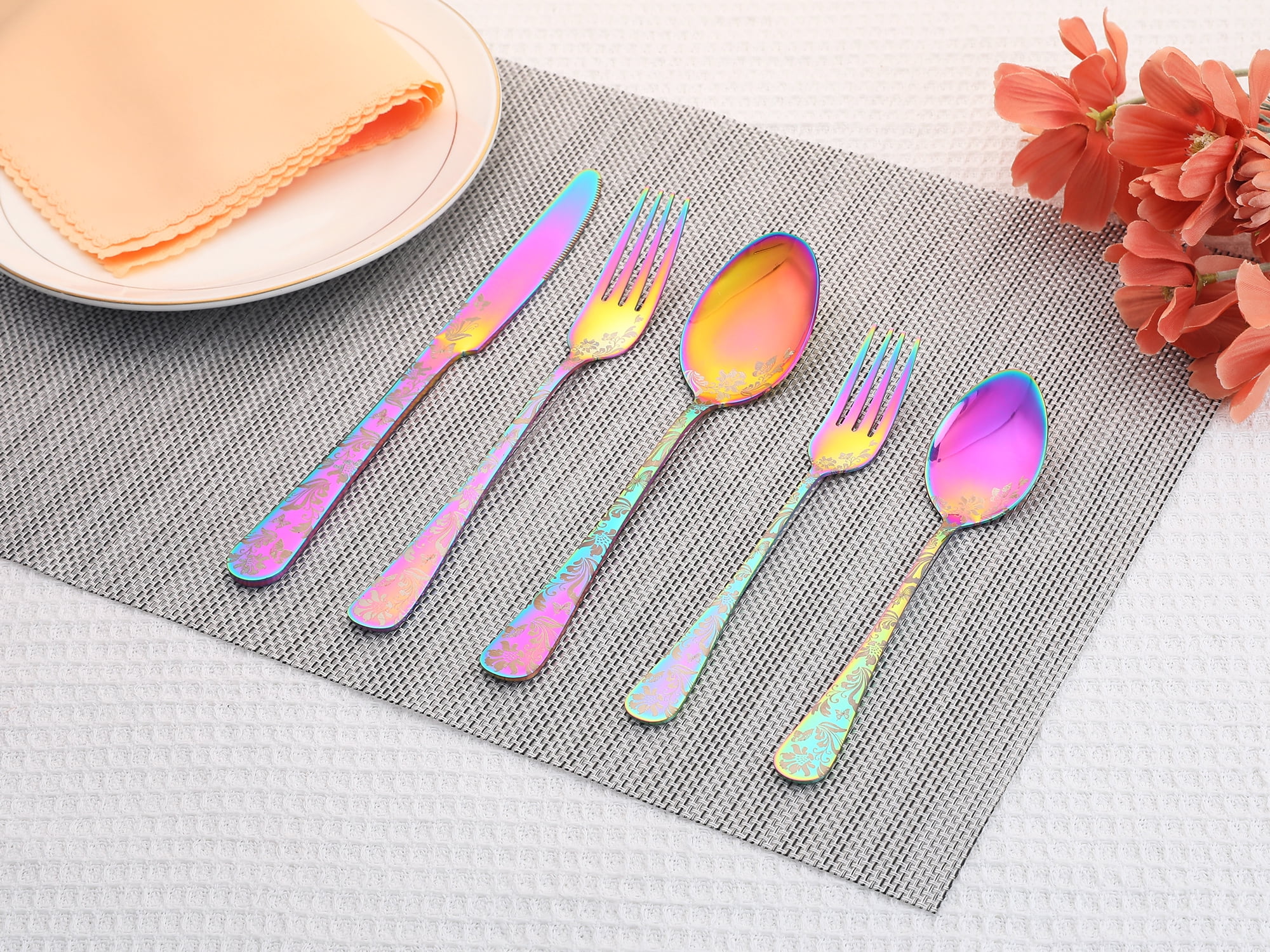 Unique Bargains 20 Pieces Stainless Steel Silverware Set Flatware Set Colorful
