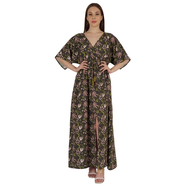 Inkmeso Robe à Manches Kimono Courtes Imprimée à Col en V pour Femmes, Robe Maxi Longue Décontractée d'Été