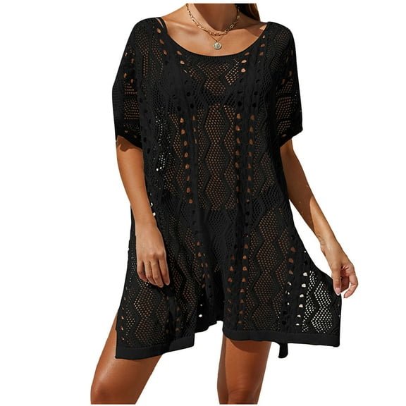 EQWLJWE Womens Hollow Out Swimsuits Cover Ups Mesh Sheer Short Sleeve Beach Bikini Swimwear Cover Up Dress Gift Black Free Size