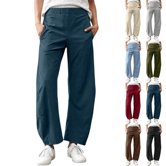 SeekIslan Women's Pull On Wide Leg Pants High Waisted Straight Pants with Pockets for Casual Daily Wear