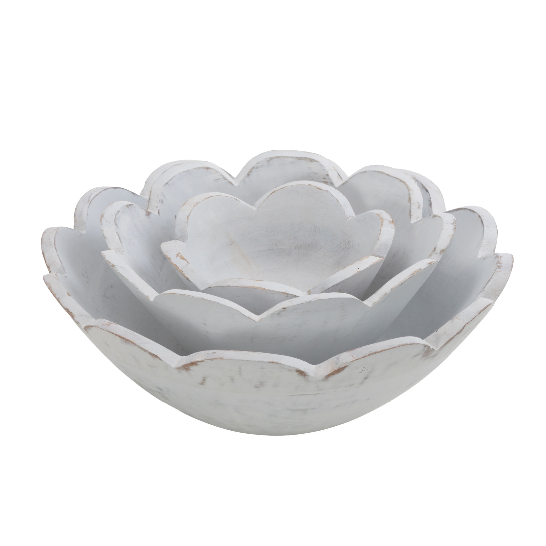 DecMode 12", 9", 6"W Handmade Round Floral White Mango Wood Decorative Bowl, Set of 3