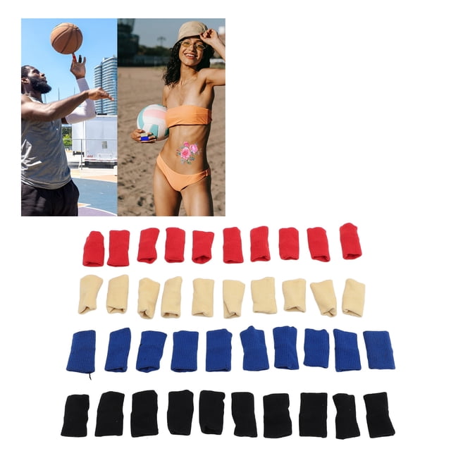 Sports Finger Sleeves Protectors made of lightweight nylon, shown in multiple colors including red, beige, blue, and black. Elastic finger braces provide cushioning and support to relieve trigger finger and protect fingers during activities like basketball, tennis, and badminton. Includes 40 sleeves in total, displayed in rows. Background features individuals playing sports.