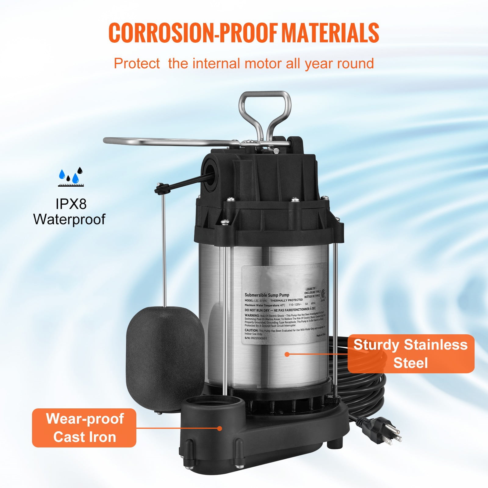 VEVOR 1/2 HP Submersible Sump Pump, 4320 GPH, Stainless Steel, Automatic Float Switch