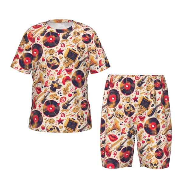 Fotbe gold Skull Guitar record Pijama Estampada de 2 Piezas para Niños – Ropa de Dormir de Manga Corta Cómoda para Niños y Niñas, Camiseta y Shorts de Algodón-X-Large