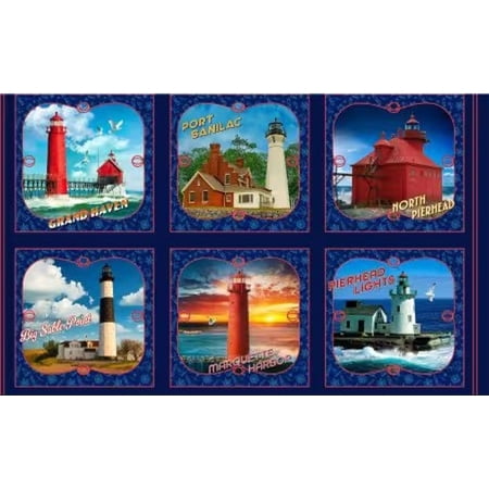 24" X 44" Panel Starlit Tower Square Lighthouses Michigan Lakes Michael Miller Fabrics Cotton Fabric Panel (DCX12715-NAVY)