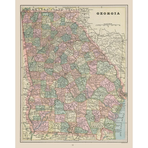 Historic State Map - Georgia - Cram 1892 - 23 x 28.99 - Vintage Wall Art