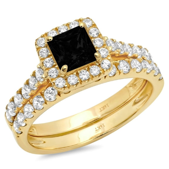 2.01 ct Brilliant Princess Cut Natural Onyx 18K Yellow Gold Halo Solitaire with Accents Bridal Set SZ 5