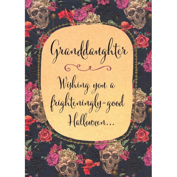 Designer Greetings Frighteningly Good : Skulls, Purple and Red Roses Halloween Card for Granddaughter