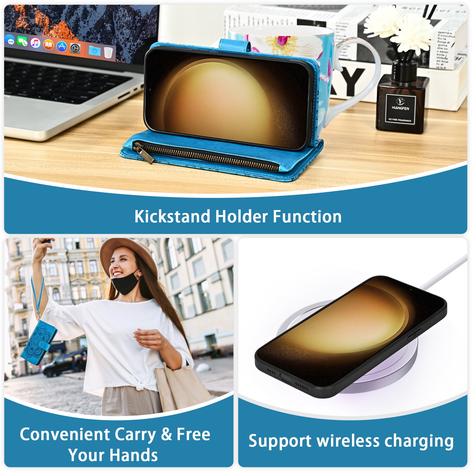 Asuwish Phone Case for Samsung Galaxy S23 Plus S23+ 5G Zipper Wallet Magnetic Detachable Cell Cover with Tempered Glass Screen Protector Crossbody Strap Flower Card Holder Slot S23plus Women Blue