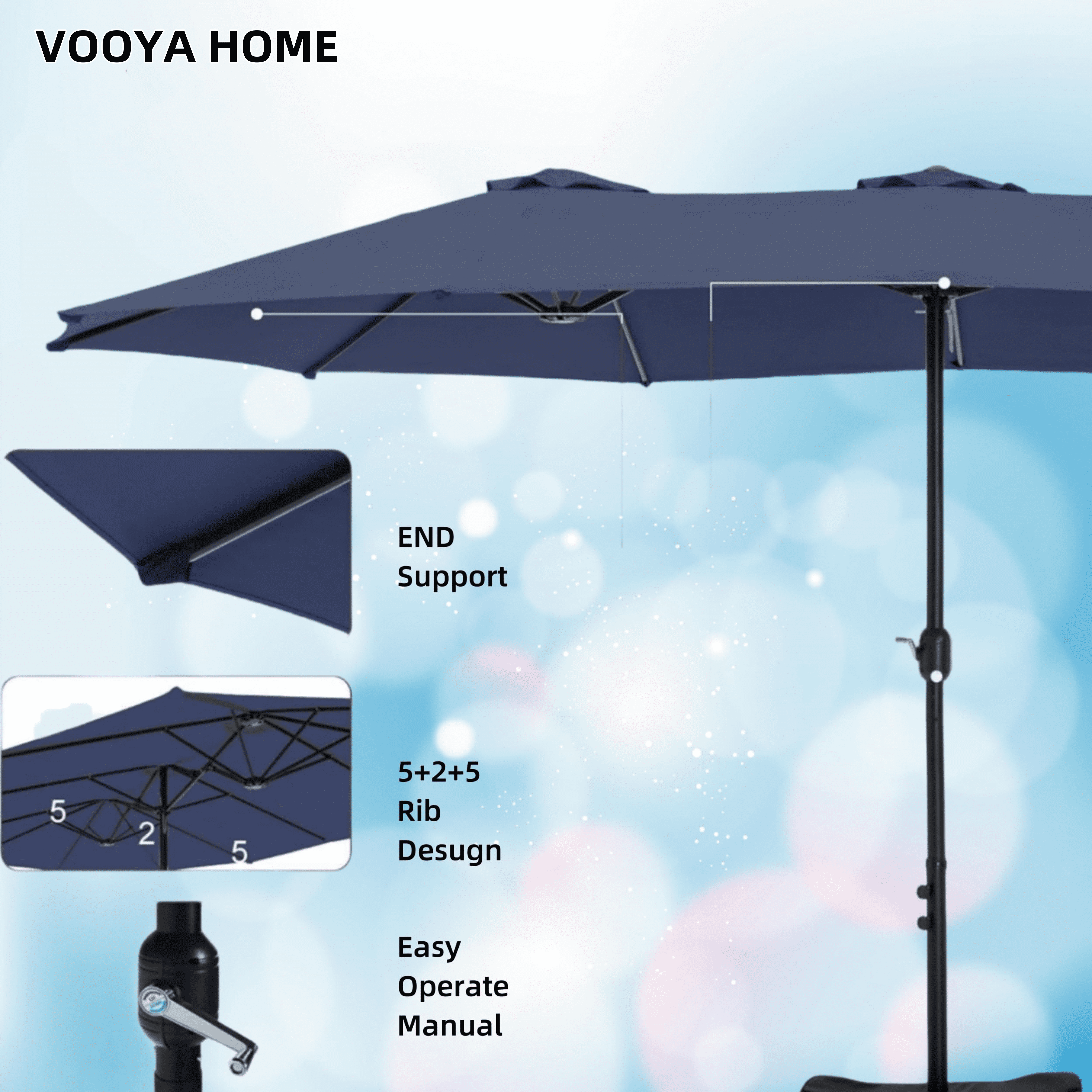 VOOYA HOME 15ft Large Patio Umbrellas Base NOT Included, Outdoor Double-Sided Umbrella with Crank Handle, UV Protective for Pool, Lawn Garden, Backyard (Pole Diameter 1.9 inch) Navy Blue