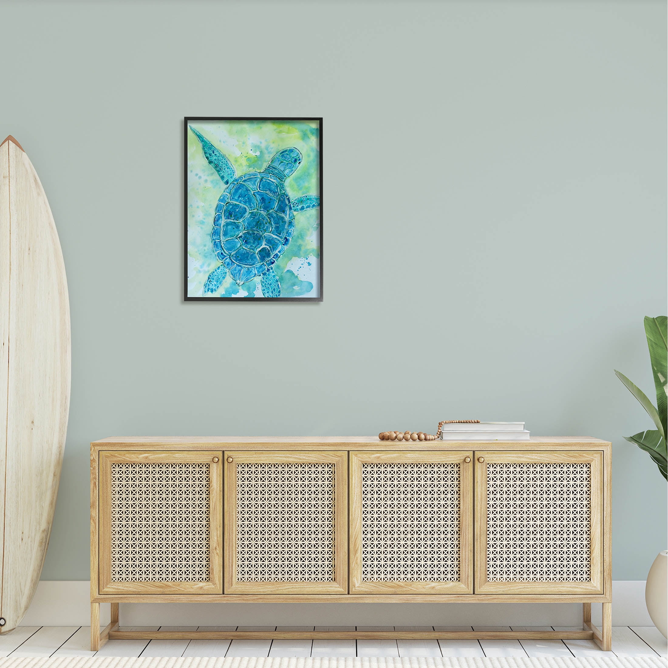 Blue Sea Turtle Aquatic Bubbles Animals & Insects Painting Black Framed Art Print Wall Art