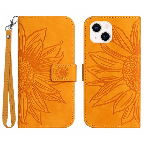 Case For iPhone 14 Plus, Embossed Patterned Premium Synthetic Leather Magnetic Buckle Wallet Card Slot Kickstand Wrist Strap Back Phone Cover For iPhone 14 Plus - 6.7, Yellow