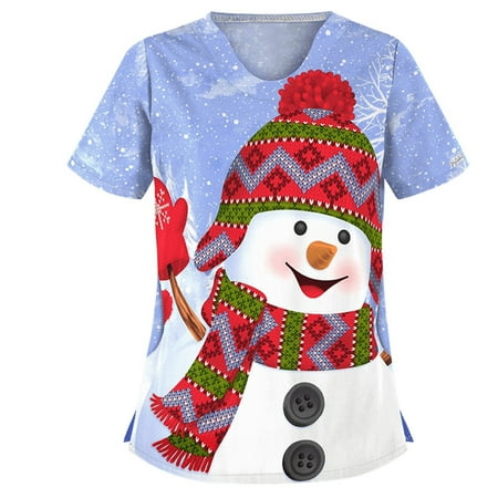 

UMfun Women Scrubs Short Sleeve V-neck Tops Fashion Uniform Workwear Christmas Printed Pockets Blouse