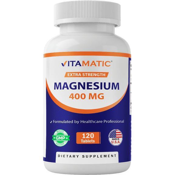 Vitamatic Extra Stregth Magnesium Oxide 400 mg 120 Vegetarian Tablets - Supports Muscle, Nerve, and Heart Health* - Made in The USA - Non-GMO & Gluten Free