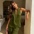 thumbnail image 5 of Linen Halter Tops for Women Flowy Loose Fit Sleeveless Tank Top Casual Summer V Neck Blouses Beach Clothes Army Green XL, 5 of 7