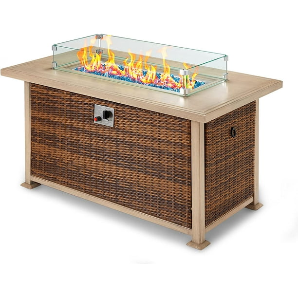44 in Propane Fire Pit Table,Rattan Fire Pit Table with Glass Wind