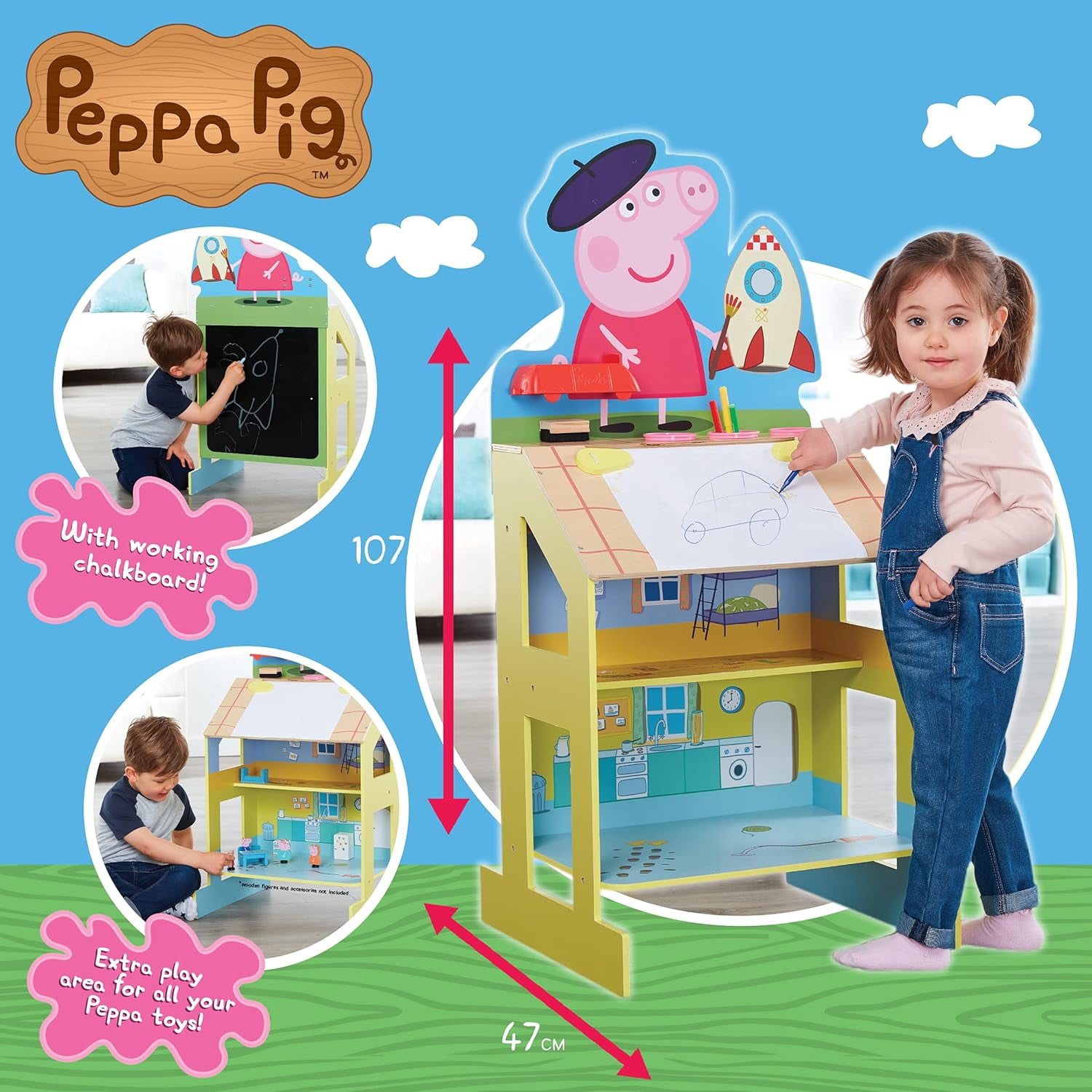 Peppa Pig 42" Tall Wooden Play Easel Chalkboard Fun Drawing 2-Story Peppa House