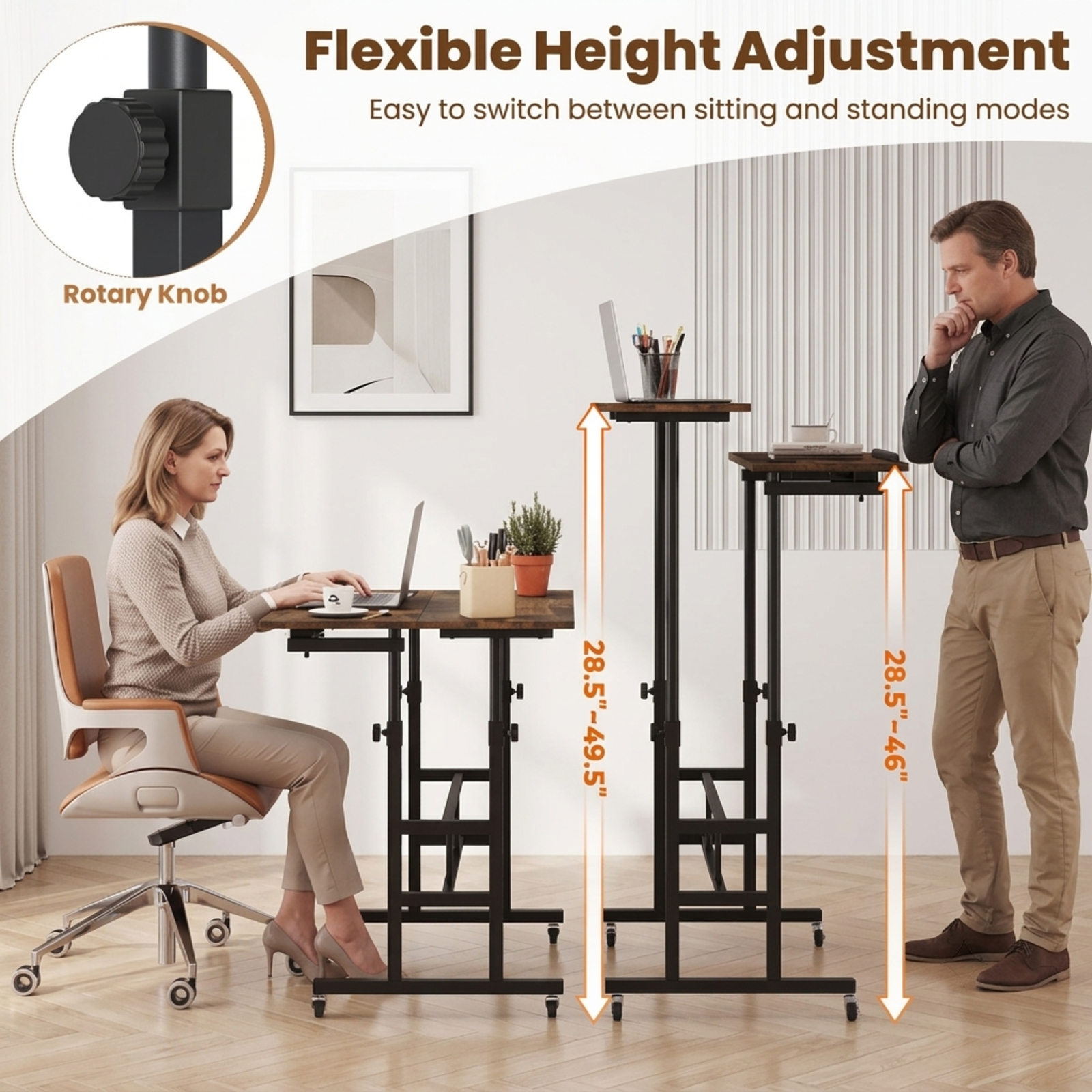 Furnibear Height Adjustable Mobile Standing Desk with Power Outlets Tilting Tabletop Rolling Laptop Cart and Wheels for Home Office, Rustic Brown