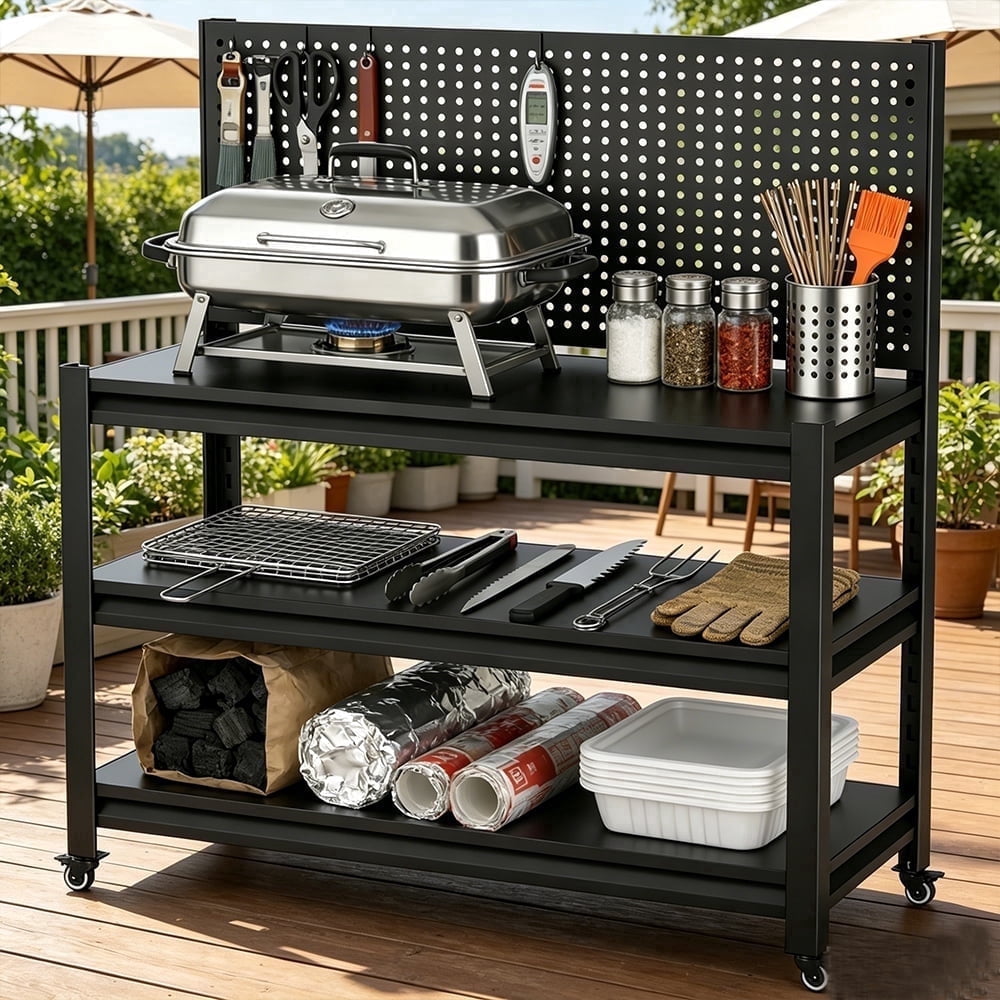 Outdoor Cart Grill Table with Storage, Heavy Duty Metal Rolling Grill Cart,Grill Stand Side Table for Outdoor Cooking Station Pizza Oven,Black