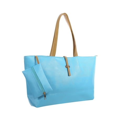 Contrast Straw Tote - Women's Contrast Color Detail Textured Leatherette Tote w Pouch