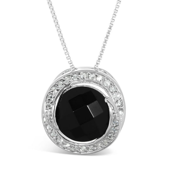 Black Onyx and White Topaz Round Pendant in Sterling Silver