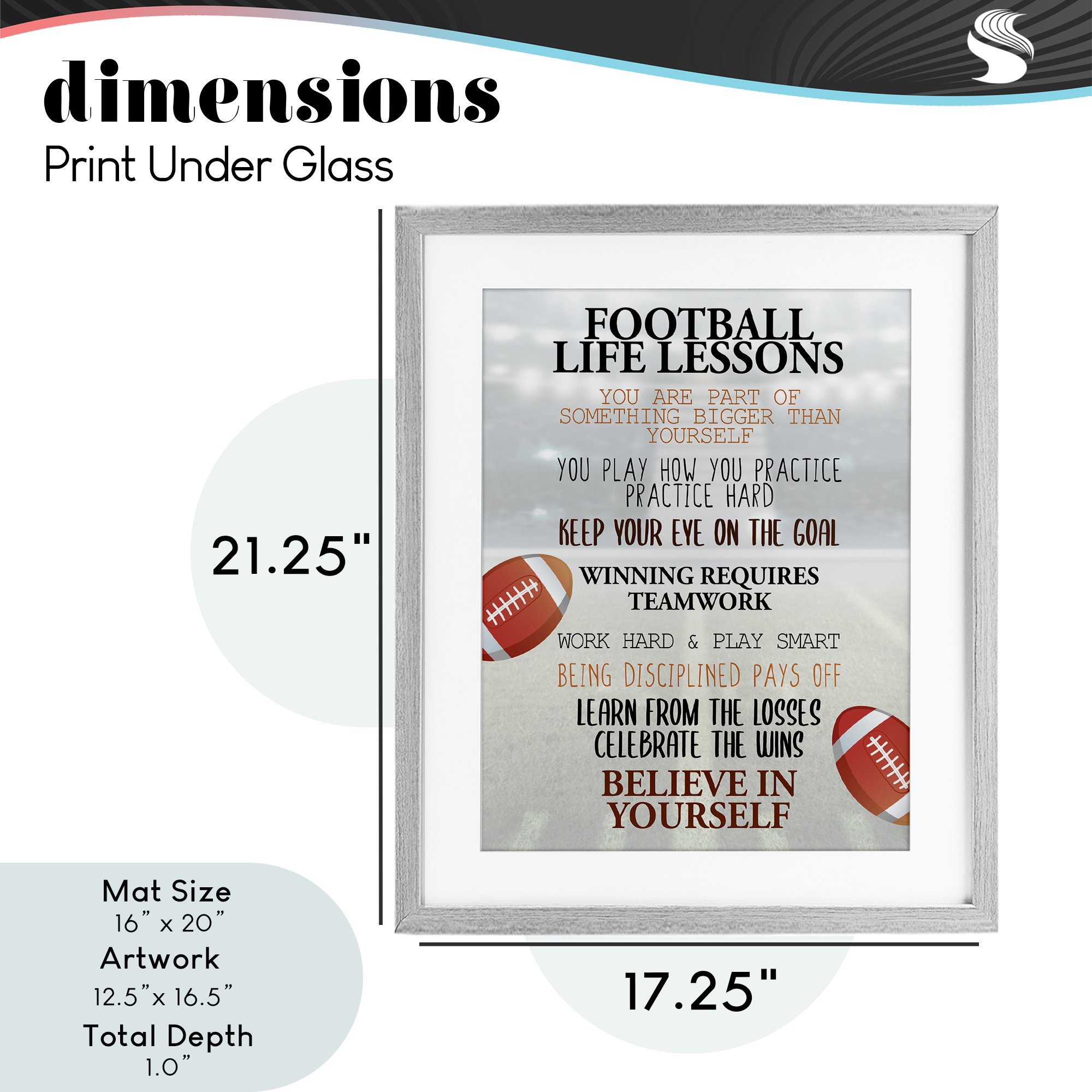 Football Life Lessons Gray Framed Print Under Glass, design by Kim Allen