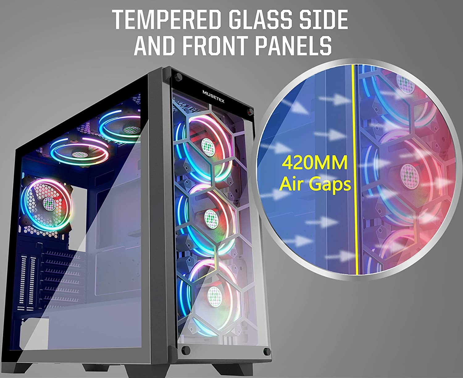 MUSETEX 6 ARGB Fans Honeycomb Airflow 2×USB 3.0 Mid Tower Case with 2 Tempered Glass Panels and Remote Control, Gaming PC Case Computer Case Support E-ATX（MU3-MS6）