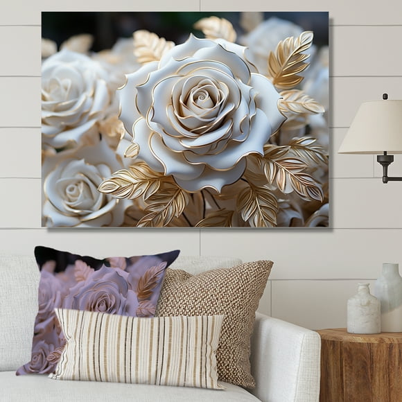 Designart Roses Oversized Wall art decor, Roses Wall Art, Pure Gold Rose Adoration , White Canvas wall art, 44x34 inches