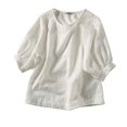 thumbnail image 2 of Camisas de encaje de algodón blanco Bordado casual Manga de linterna O-cuello suelto, 2 of 3