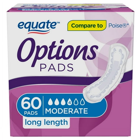 Equate Options Women s Incontinence Pads  Moderate Absorbency  Long Length (60 Count)