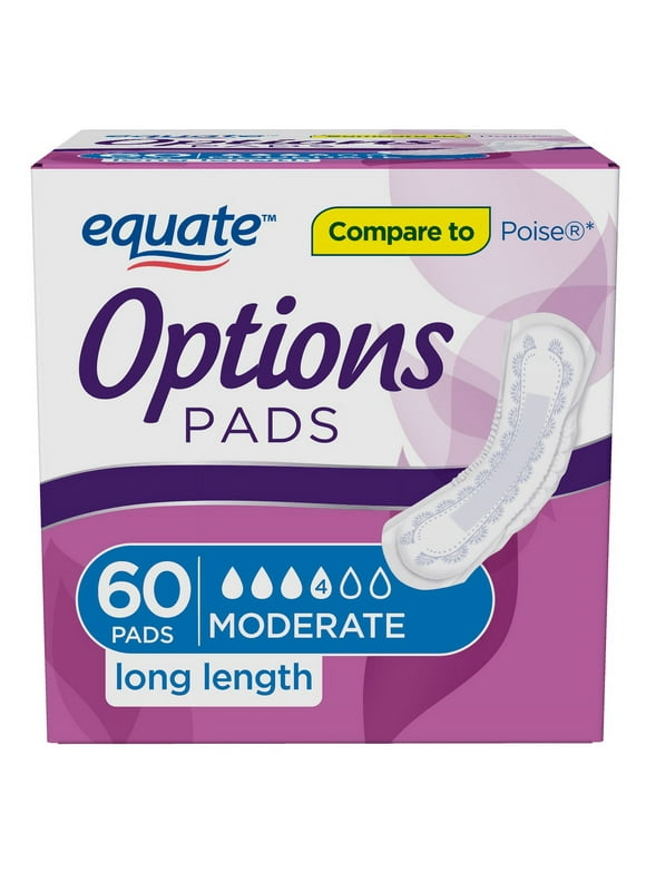 Equate Options Women's Incontinence Pads, Moderate Absorbency, Long Length (60 Count)