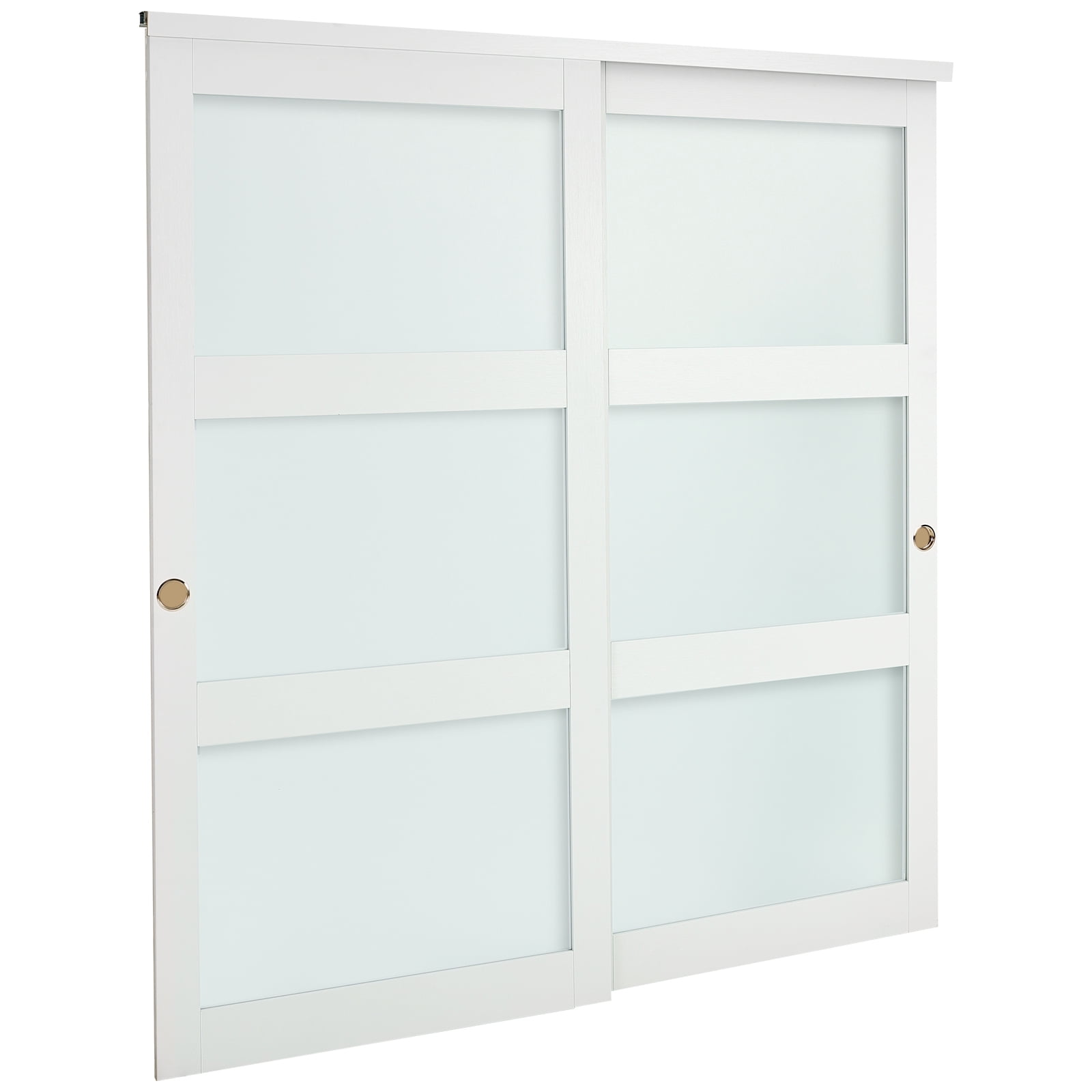 KFFKFF Sliding Closet Door, 72" (Double 37") x 80", Frosted Glass Bypass Doors with Hardware Kit & Floor Guide, Durable Wood and MDF Panels with Water-Resistant PVC Coating for Bedrooms and Closets