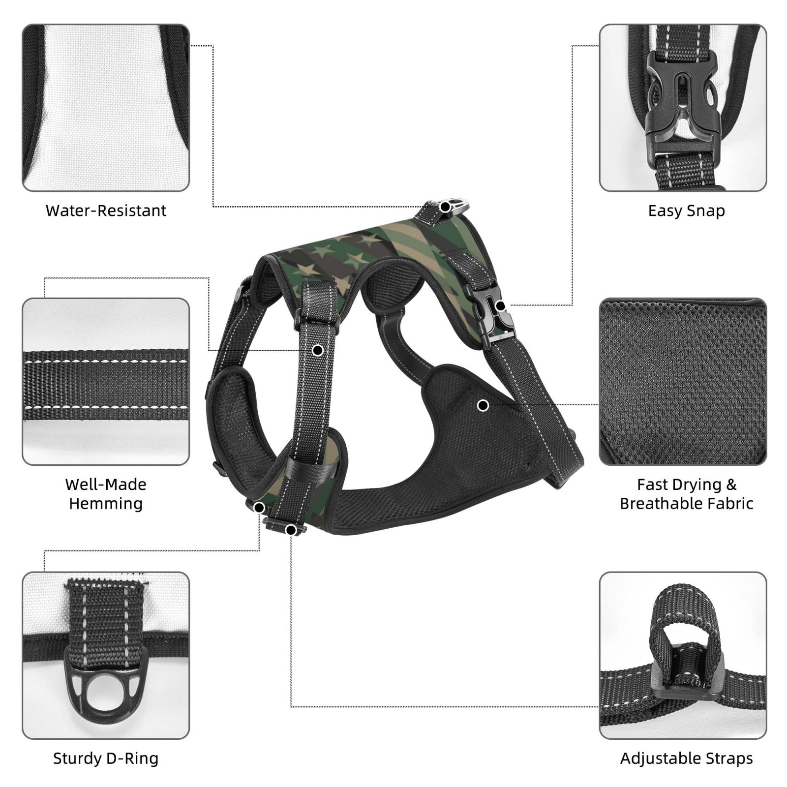 Vsdgher Jungle Green Camo USA Flag Pattern Dog Harness,No Pull Pet Harness with Soft Padded Handle,Adjustable Reflective Vest with 2 Buckles,4 Slide Buckles,S-XL X-Large