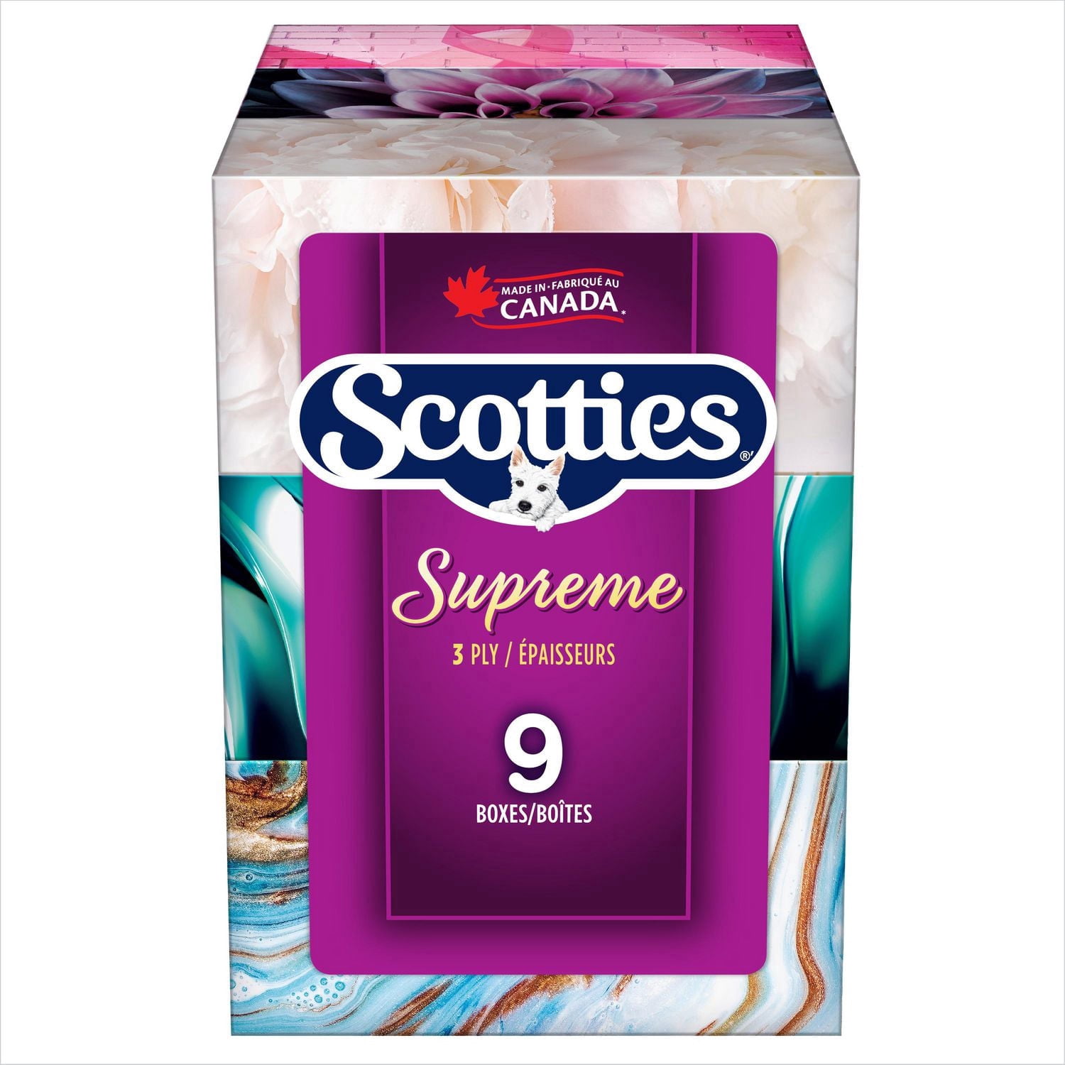 Papiers-mouchoirs Scotties Supreme à 3 épaisseurs, hypoallergéniques et approuvés par les dermatologues, 9 boîtes, 88 papiers-mouchoirs par boîte