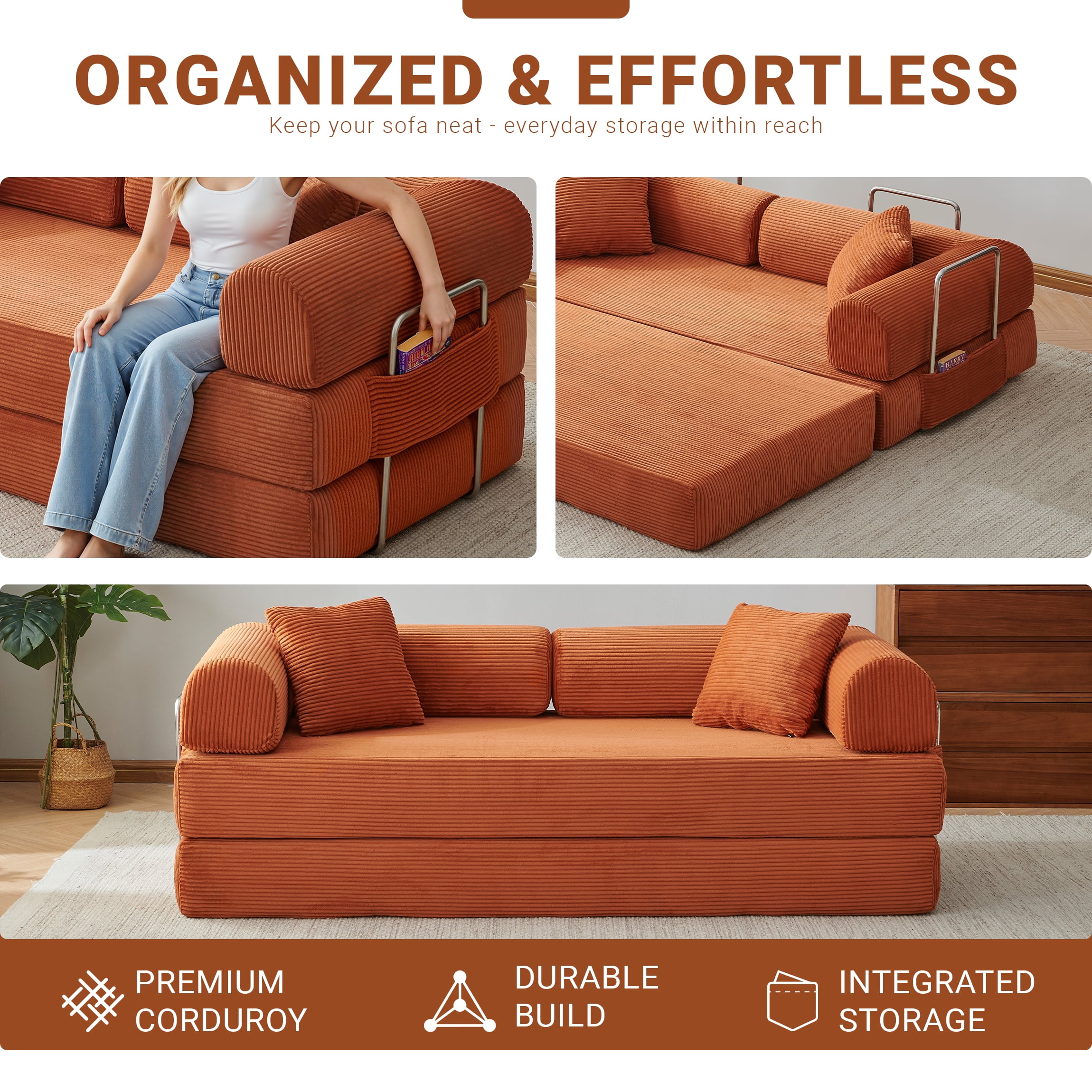 Vanress 78" Convertible Sofa Bed, Folding Sleeper Sofa Couch Bed with Fixed-Shape Frame, Pull-Out Sleeper Loveseat, Corduroy Boneless Futon Bed, No Assembly Required for Living Room & Bedroom, Orang