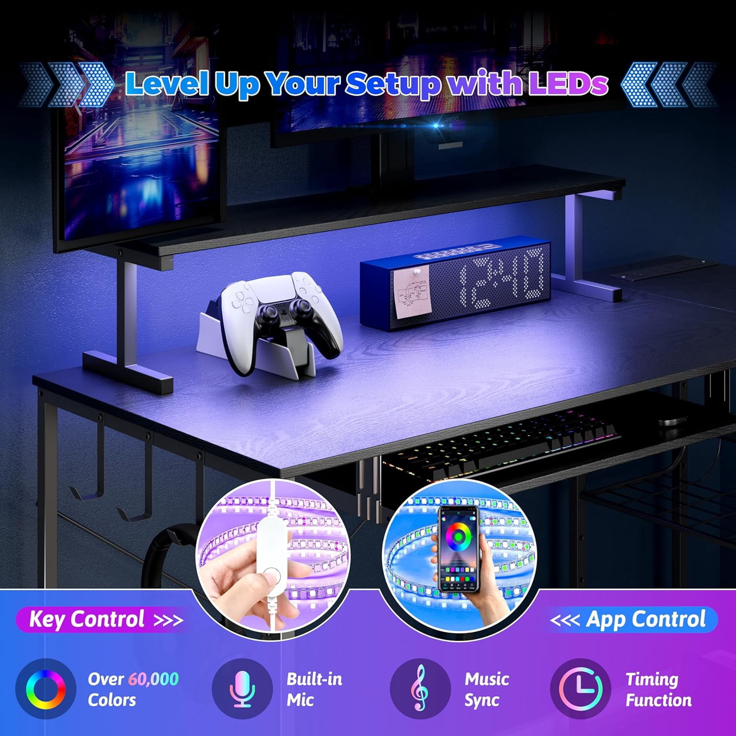 FANRAL L Shaped Computer Gaming Desk with Monitor Stand,LED Light & USB Power Outlet,Reversible Shelves Corner Desk with Keyboard Tray for Home Office Study,Black Computer Desk