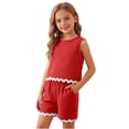 thumbnail image 6 of Umfun Girls Outfit Set Sleeveless Scalloped Contrast Trim Tank Top and Elastic Waist Shorts Set - Trendy Summer 2-Piece Outfit Set Perfect for Casual School Days and Fun Weekend Outings, 6 of 9