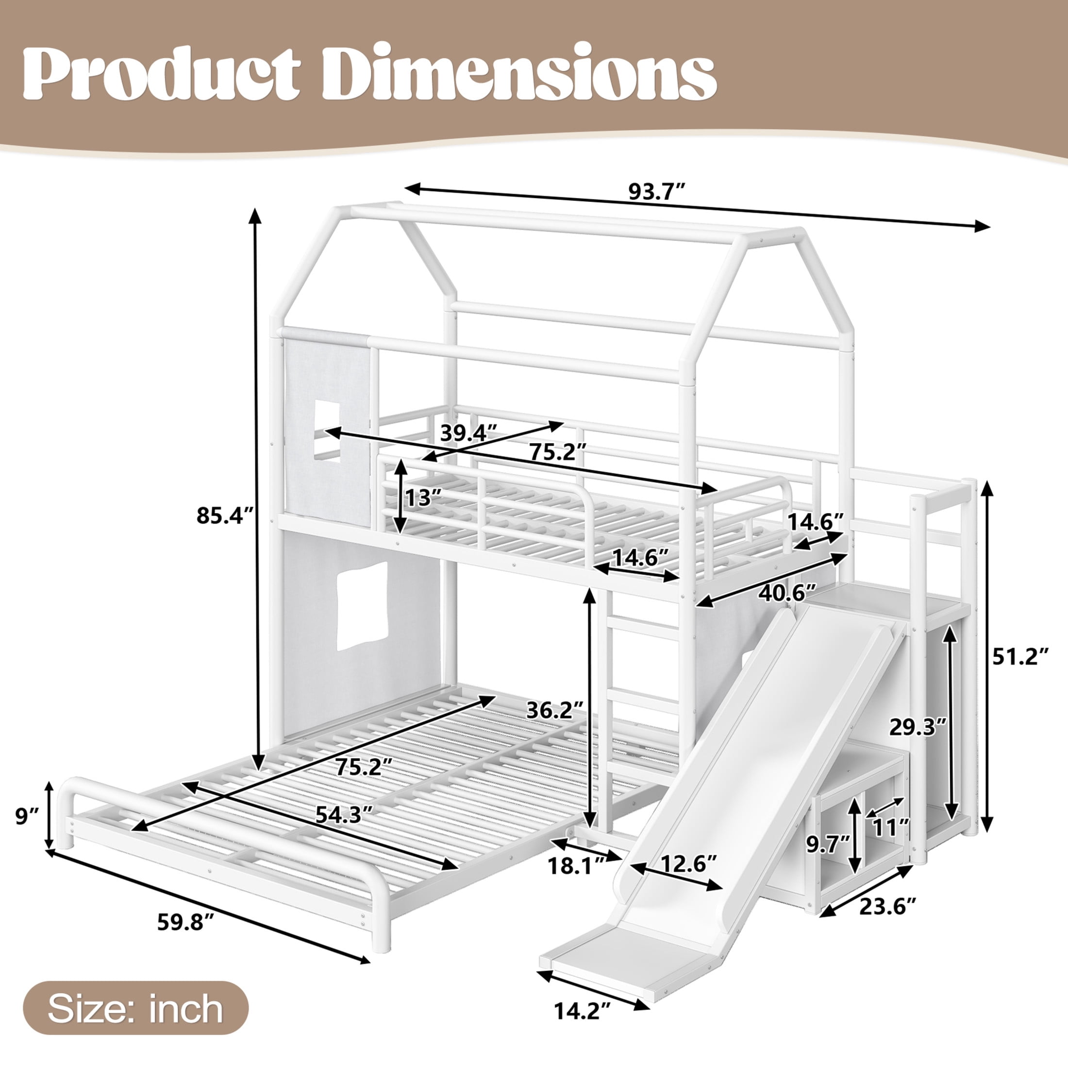 GDF Studio Twin over Full Playhouse Bunk Bed with Slide, Ladder, LED Light, Cabinet & Curtain Rod, White