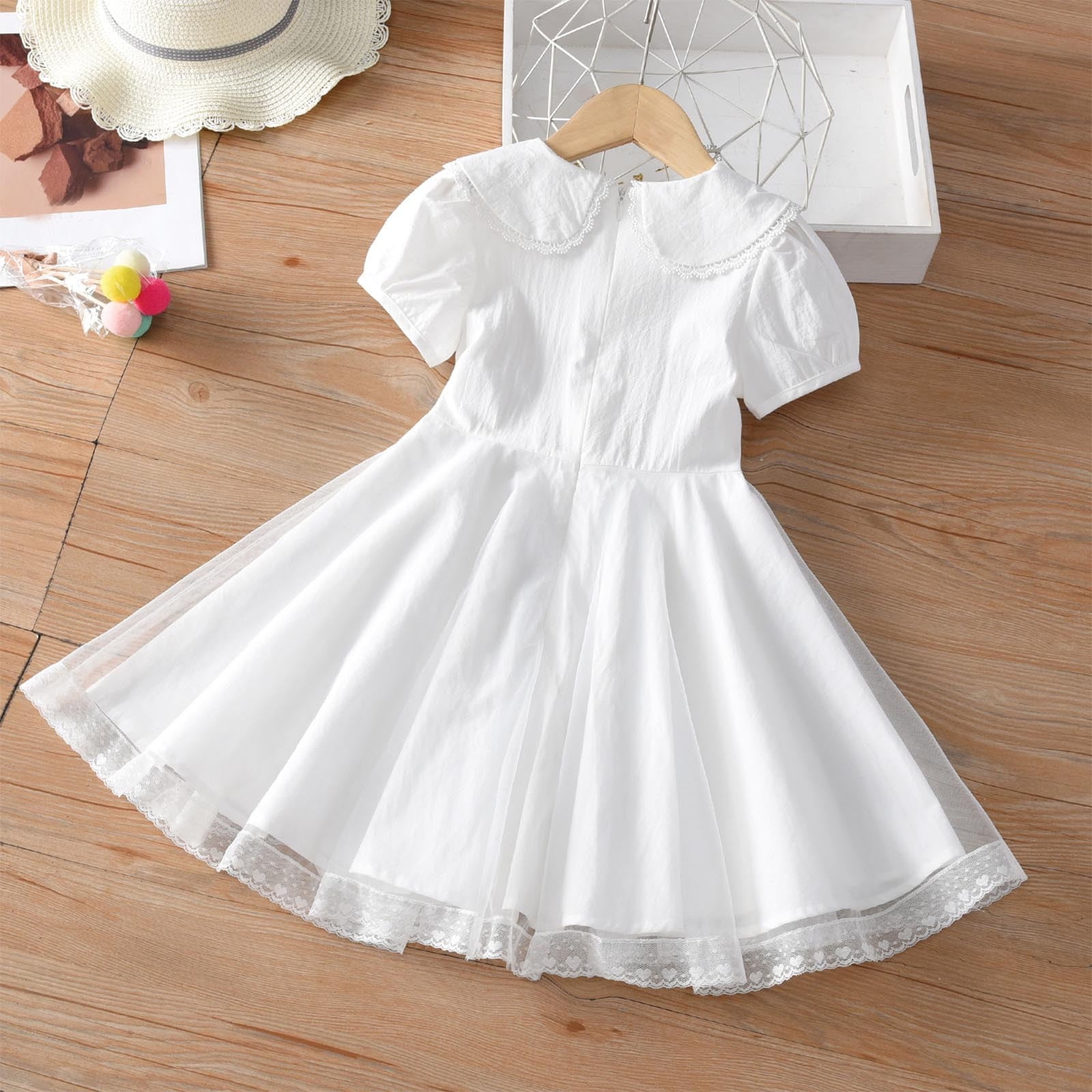 CHEEREAM Toddler Girls Casual Dress Puff Sleeve A-Line Swing Flared Party Birthday Dresses with Peter Pan Collar for 2-14 Years White 4 Years