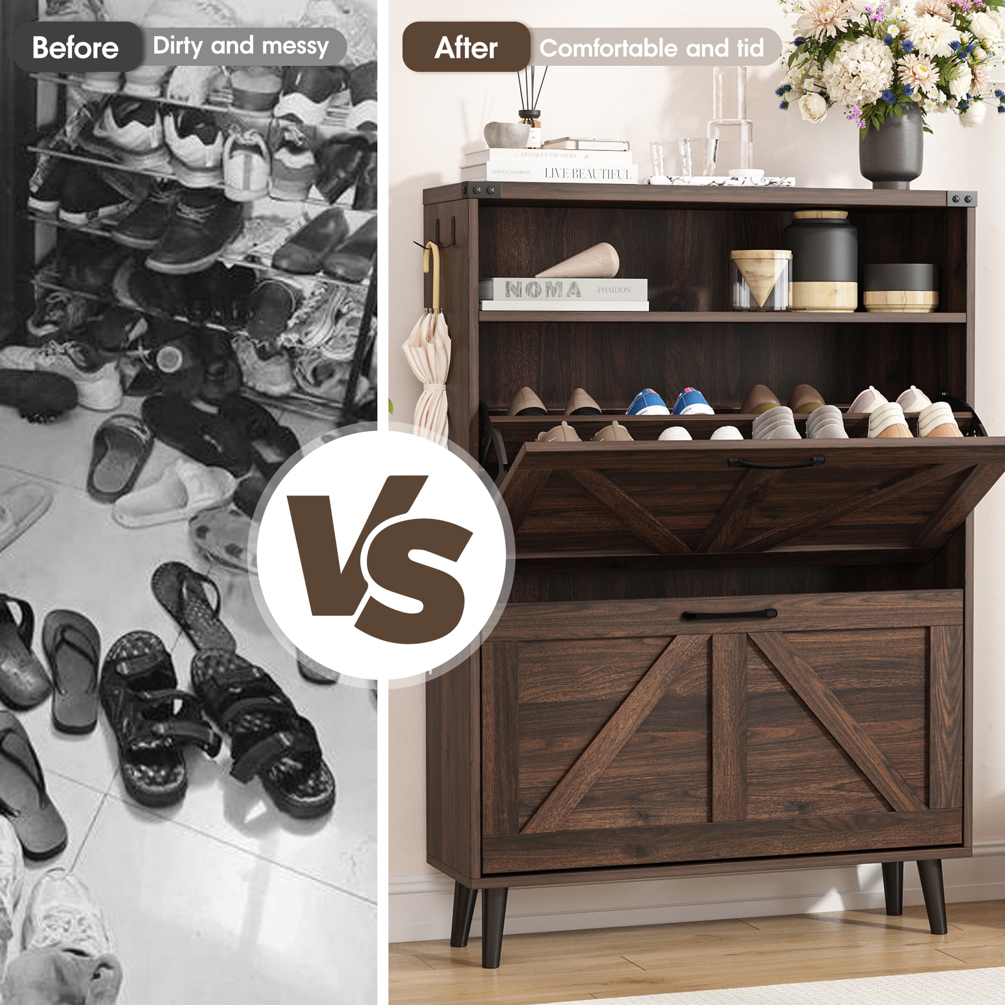 Veanerwood Entryway Wooden Shoe Storage Cabinet, Freestanding Flip