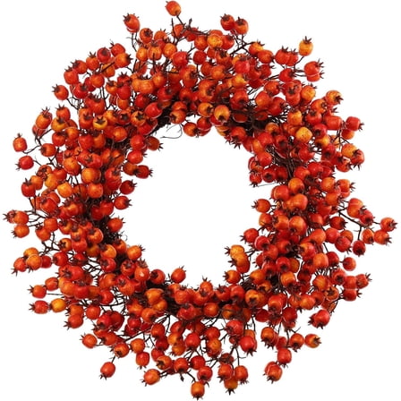 22-Inch Hawthorn Orange Christmas  Wreath – Artificial Greenery Wreath for Front Door, Wall, and Home Décor