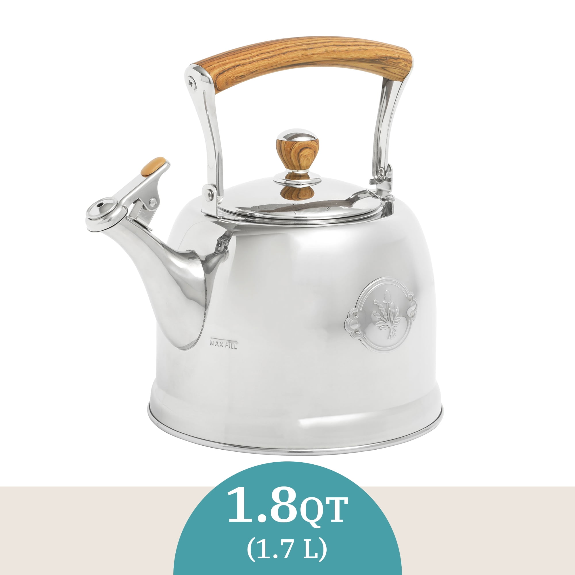 The Pioneer Woman 1.8-Quart Stainless Steel Whistling Tea Kettle with Folding Handle, Silver