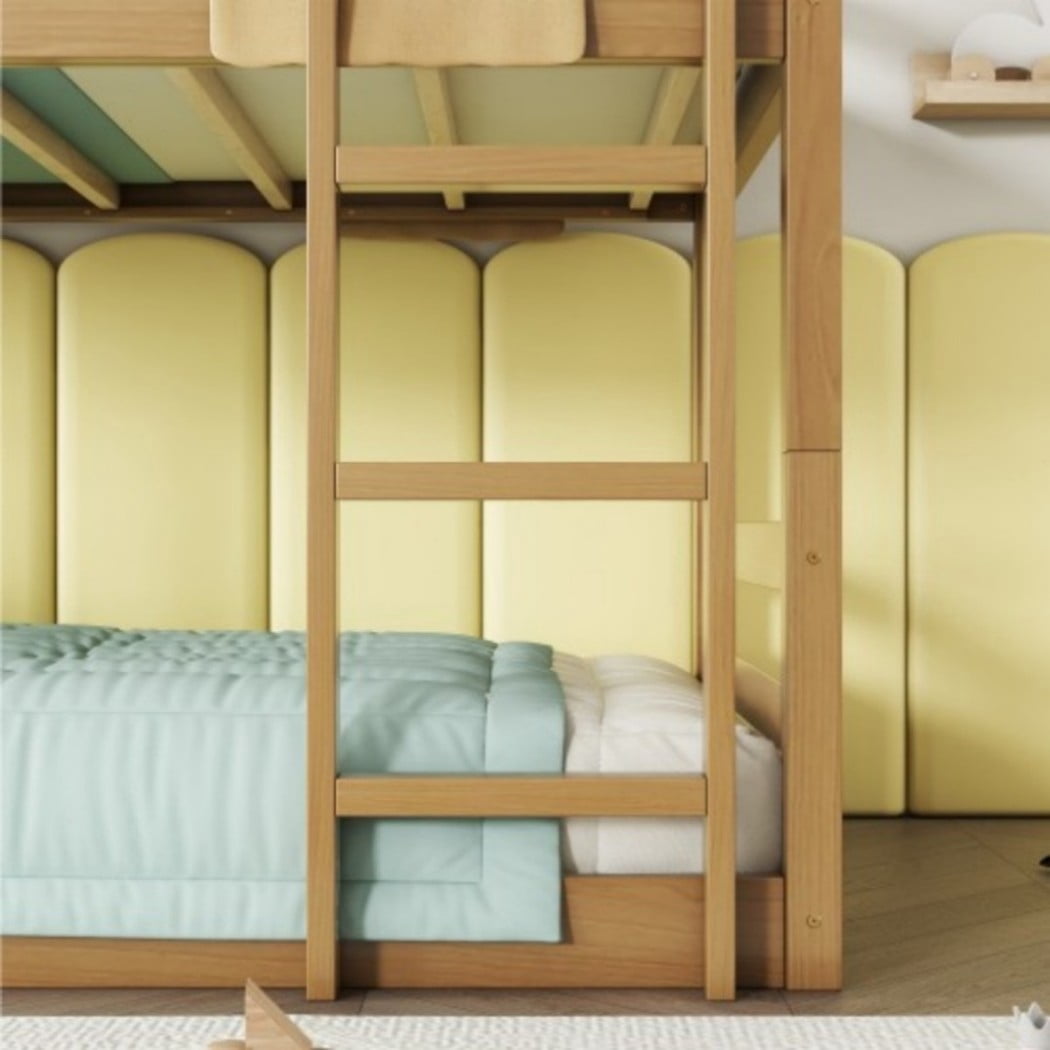 Triple Twin Bunk Bed, Rubber Wood Twin Over Twin Over Twin Bunk Bed with 2 Built-In Ladders & Guardrails, Detachable 3 Twin Beds, Natural